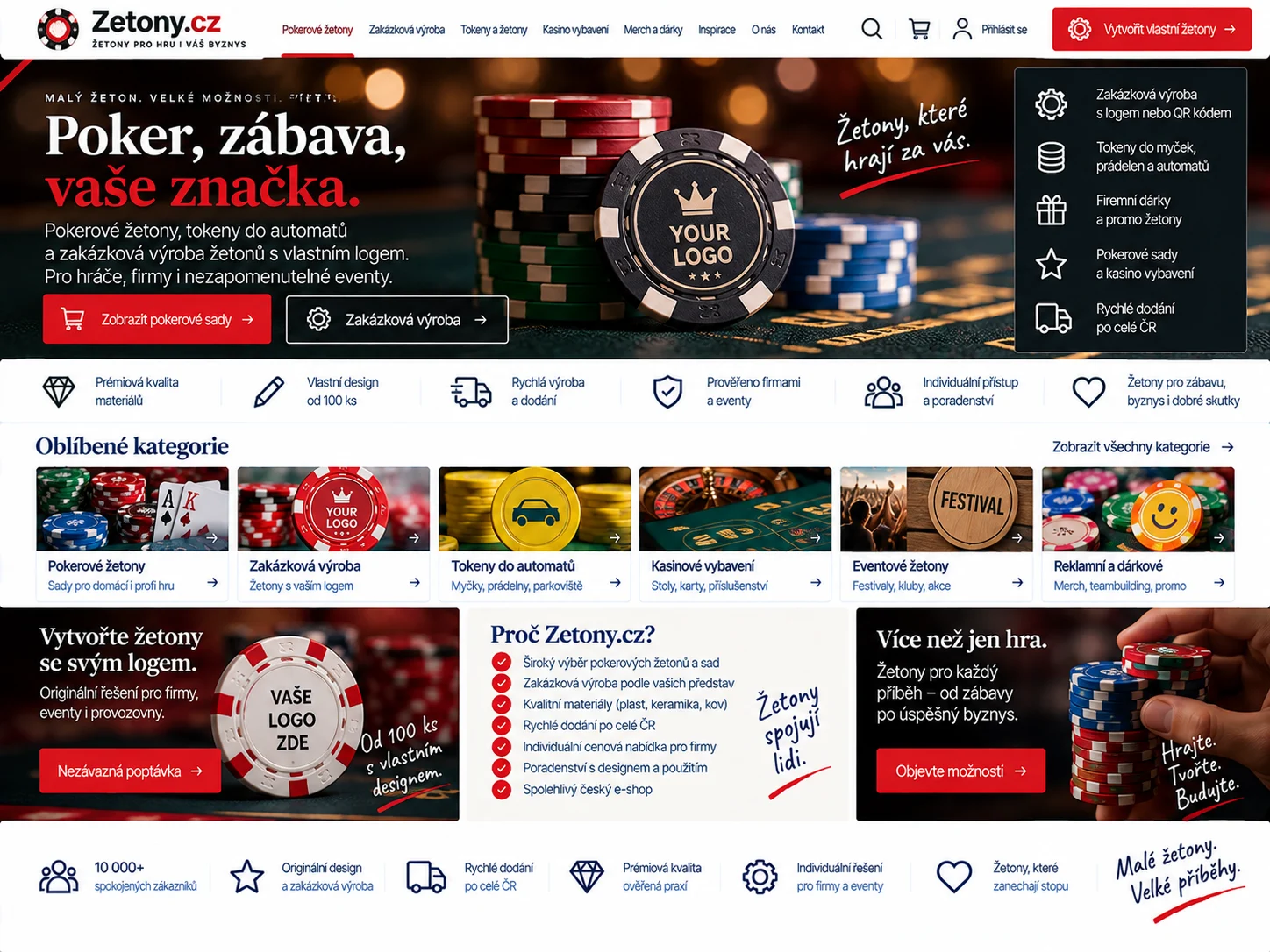 Ilustrační návrh webu Zetony.cz v černé, bílé a červené s pokerovými a zakázkovými žetony